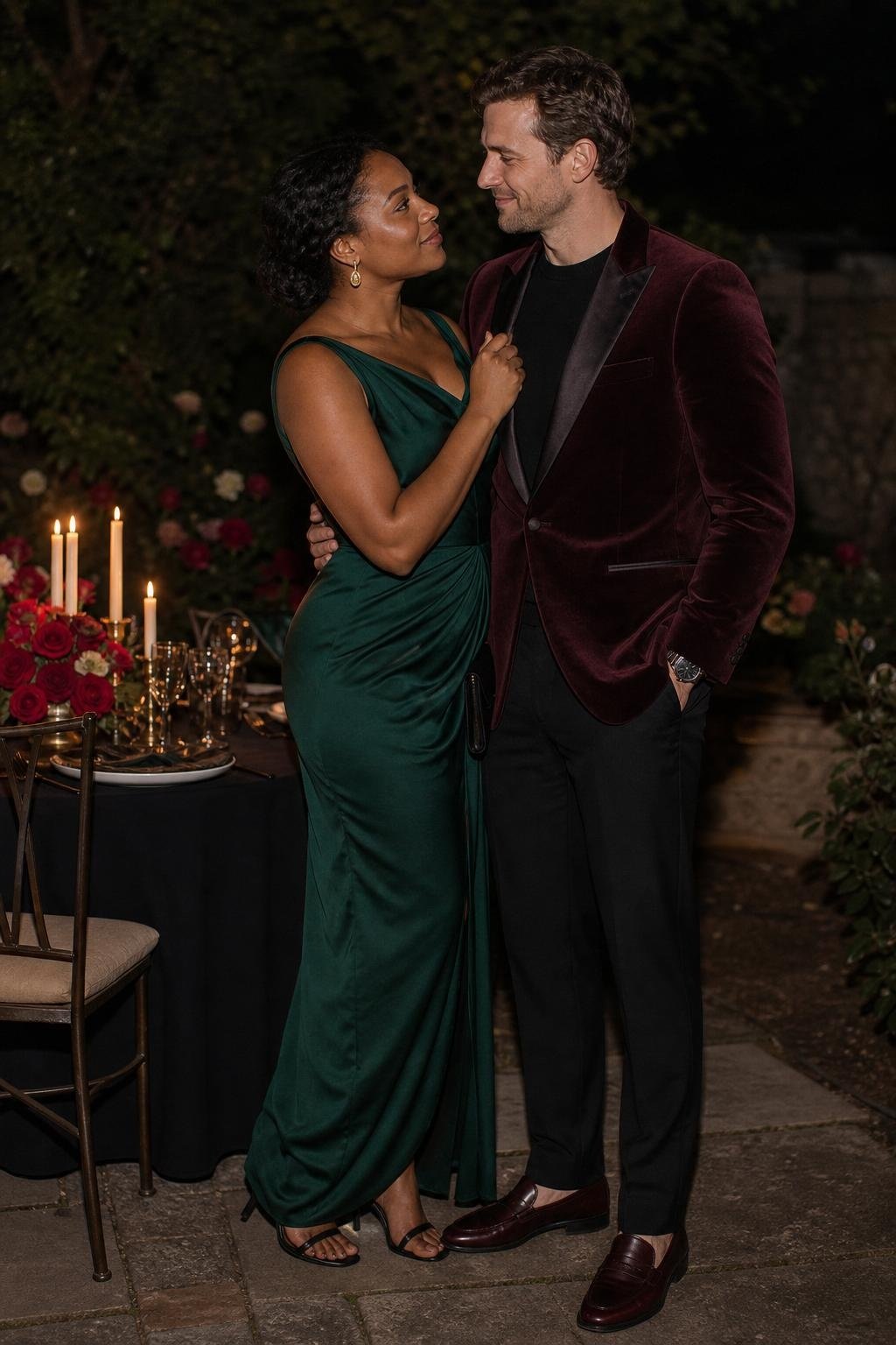 Deep emerald draped dress with burgundy velvet blazer, oxblood loafers, black trousers, romantic anniversary dinner (option 1)