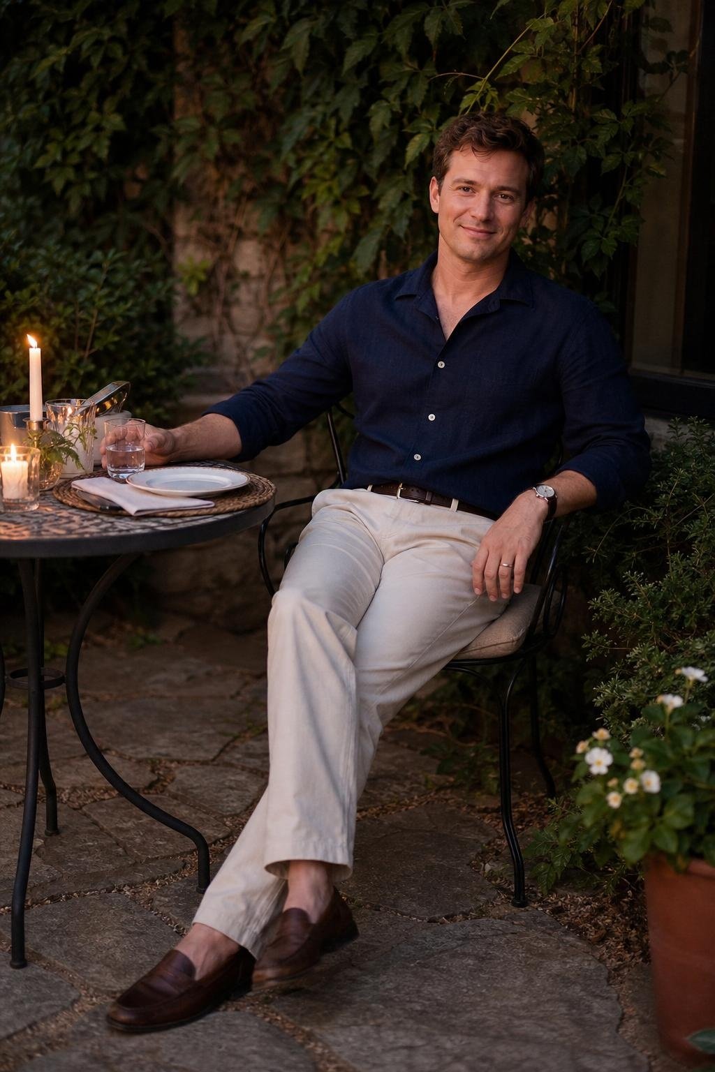 Deep navy linen shirt, stone straight-leg chinos, dark loafers, candlelit patio dinner (option 1)