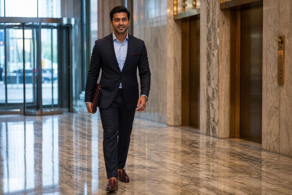 Deep navy suit, pale blue shirt, oxblood loafers, leather portfolio, polished city office lobby (option 1)