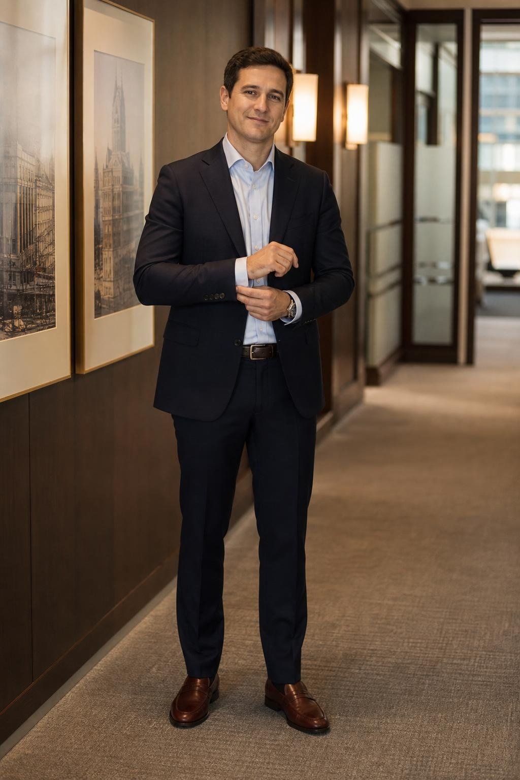 Deep navy wool suit, pale blue dress shirt, oxblood leather loafers, downtown office corridor (option 1)