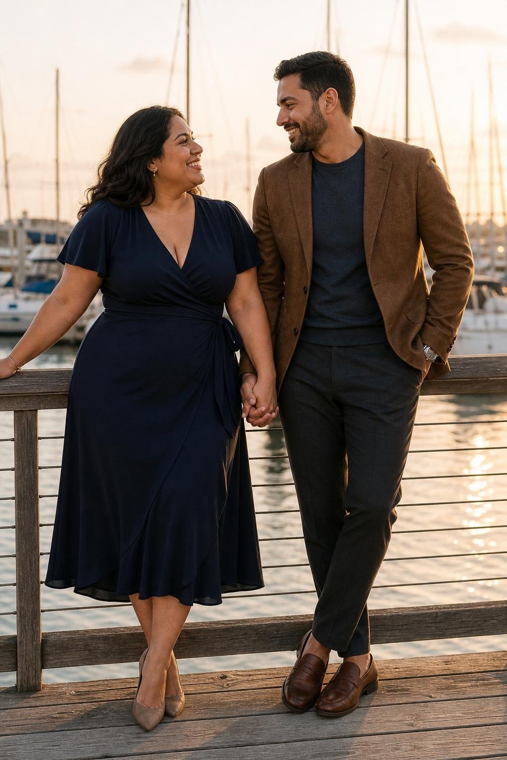 Deep navy wrap dress with taupe suede pumps near a marina at golden hour (option 2)