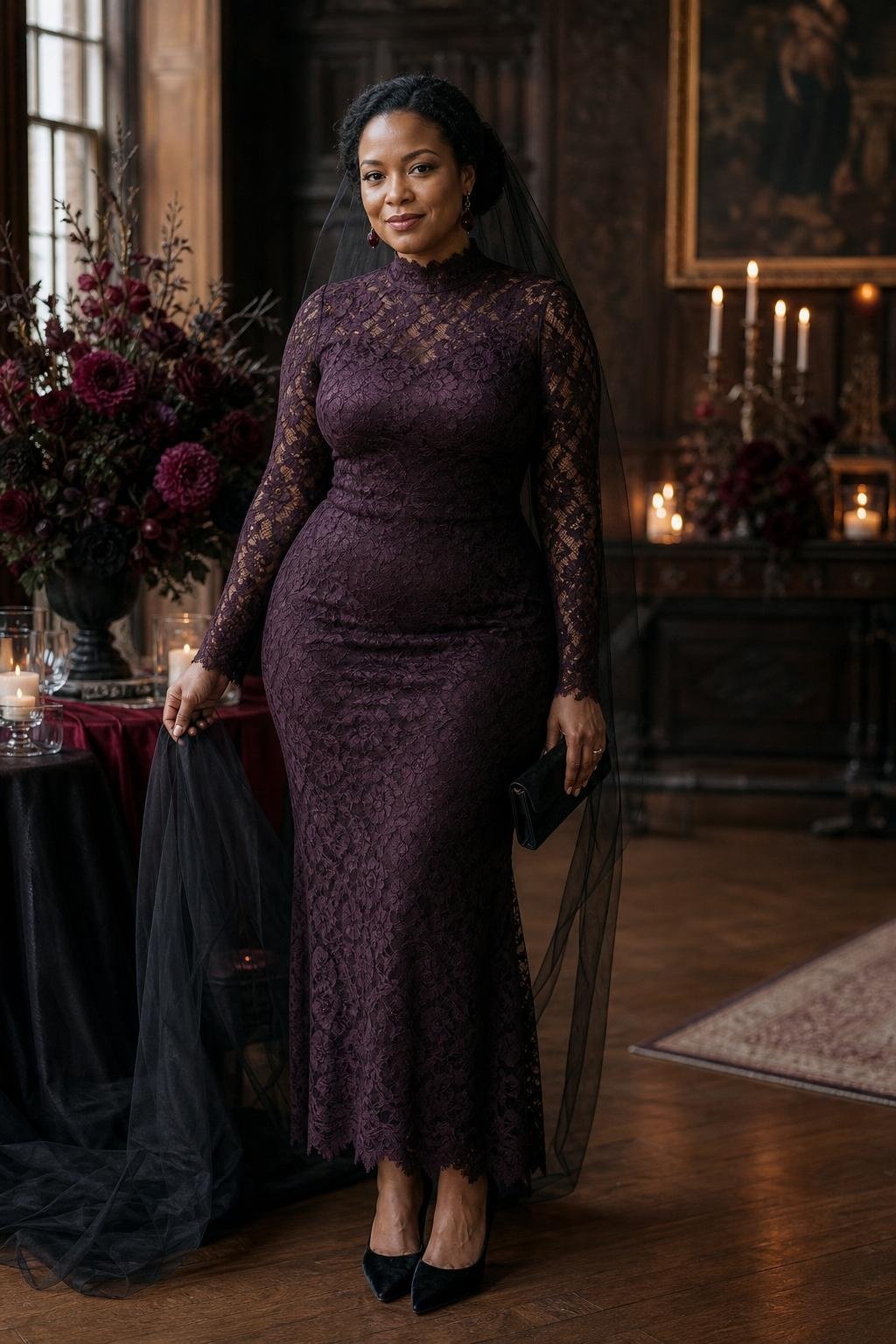 Deep plum lace dress, black veil, velvet heels, candlelit gothic Halloween reception (option 2)