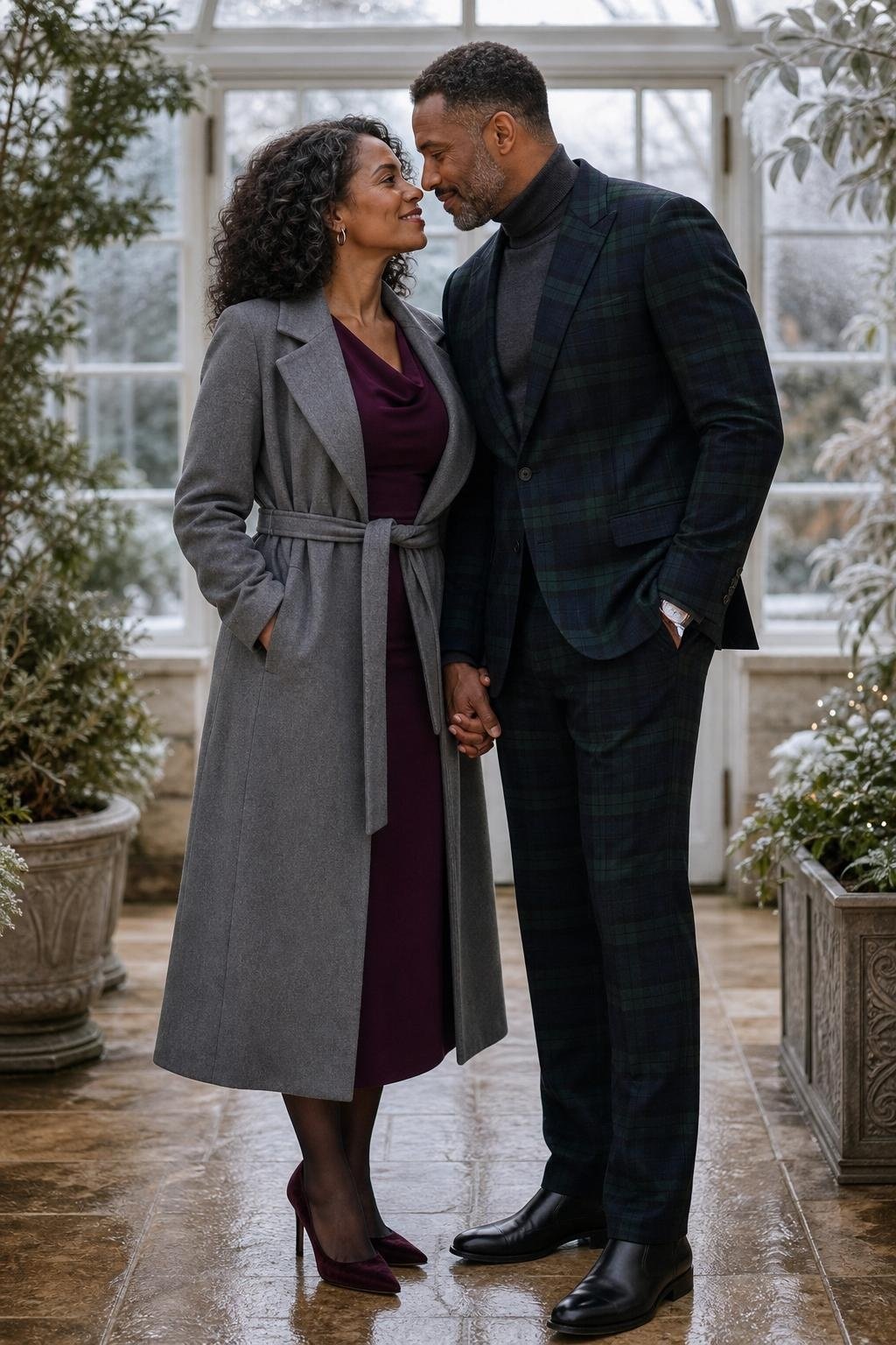 Deep plum midi dress with gray wool coat and suede heels in a winter garden (option 2)