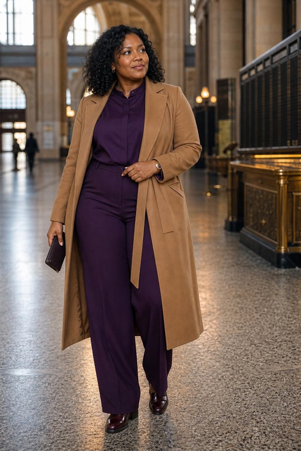 Deep purple blouse and trousers, camel wool coat, oxblood loafers, polished train station look (option 1)