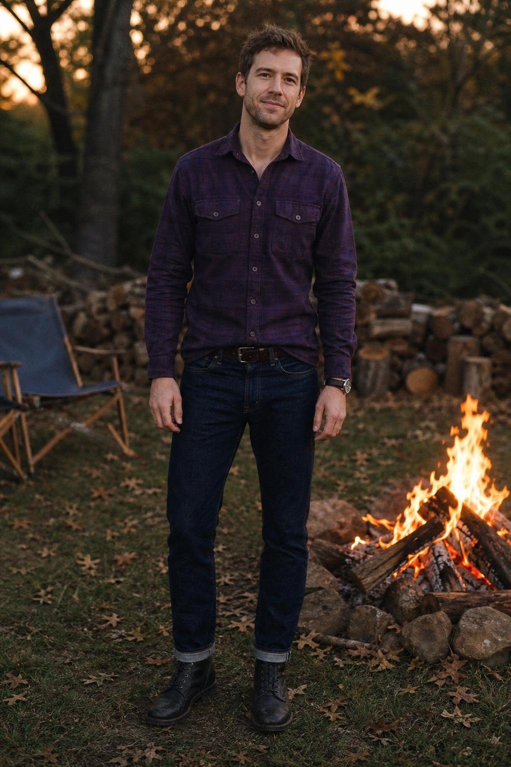 Deep purple flannel shirt, raw denim jeans, black work boots, casual autumn bonfire scene (option 1)