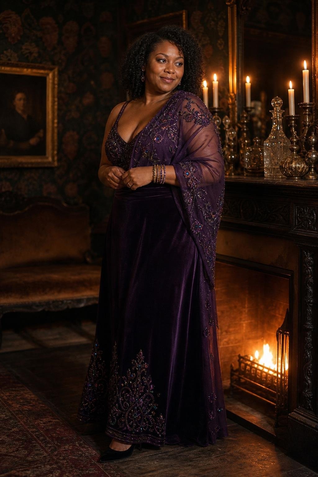 Deep purple maxi skirt, embroidered shawl, stacked bracelets, candlelit parlor Halloween scene (option 2)