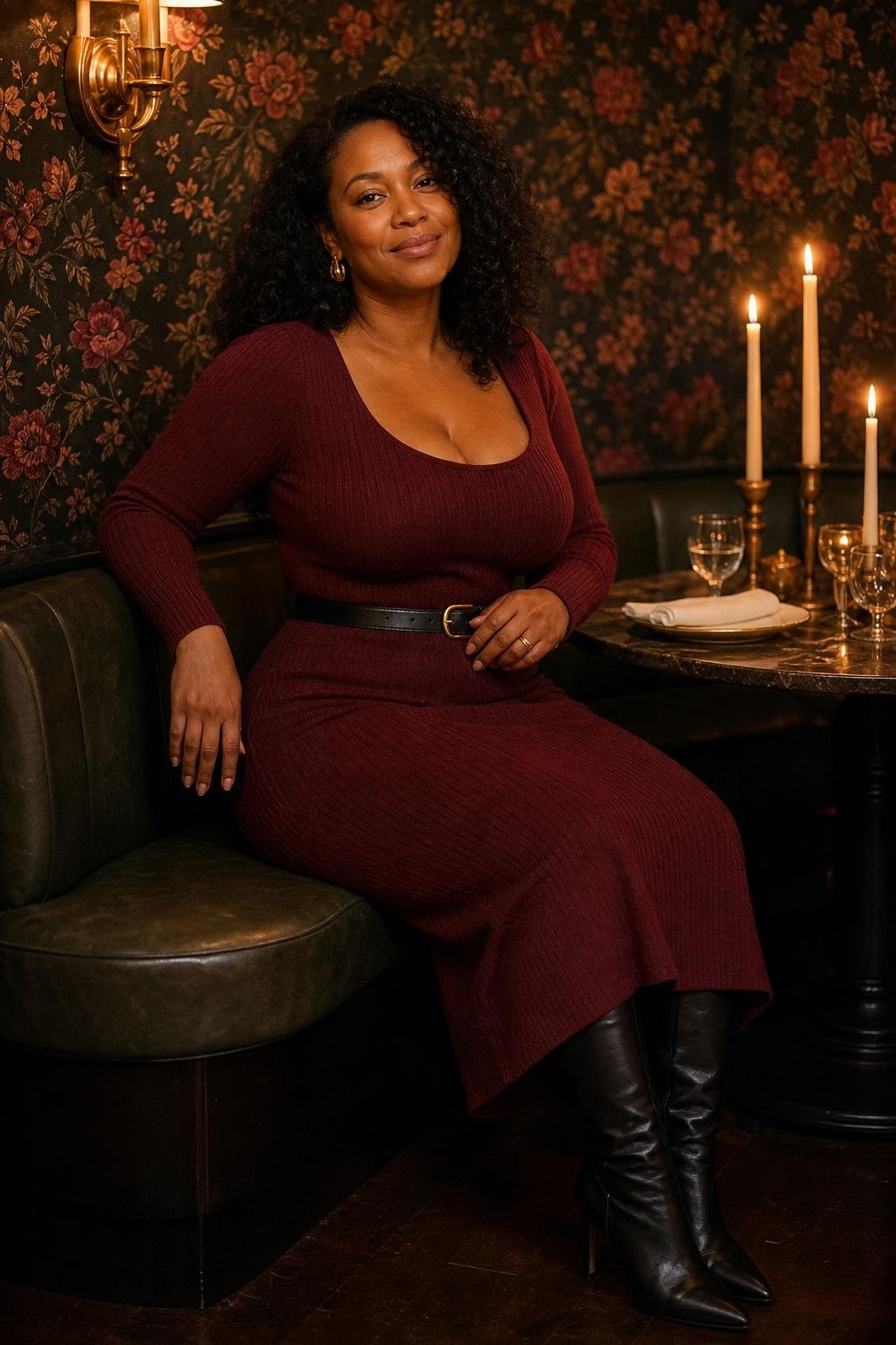 Deep red knit midi dress, black leather belt, black boots, gold earrings, candlelit dinner setting (option 2)
