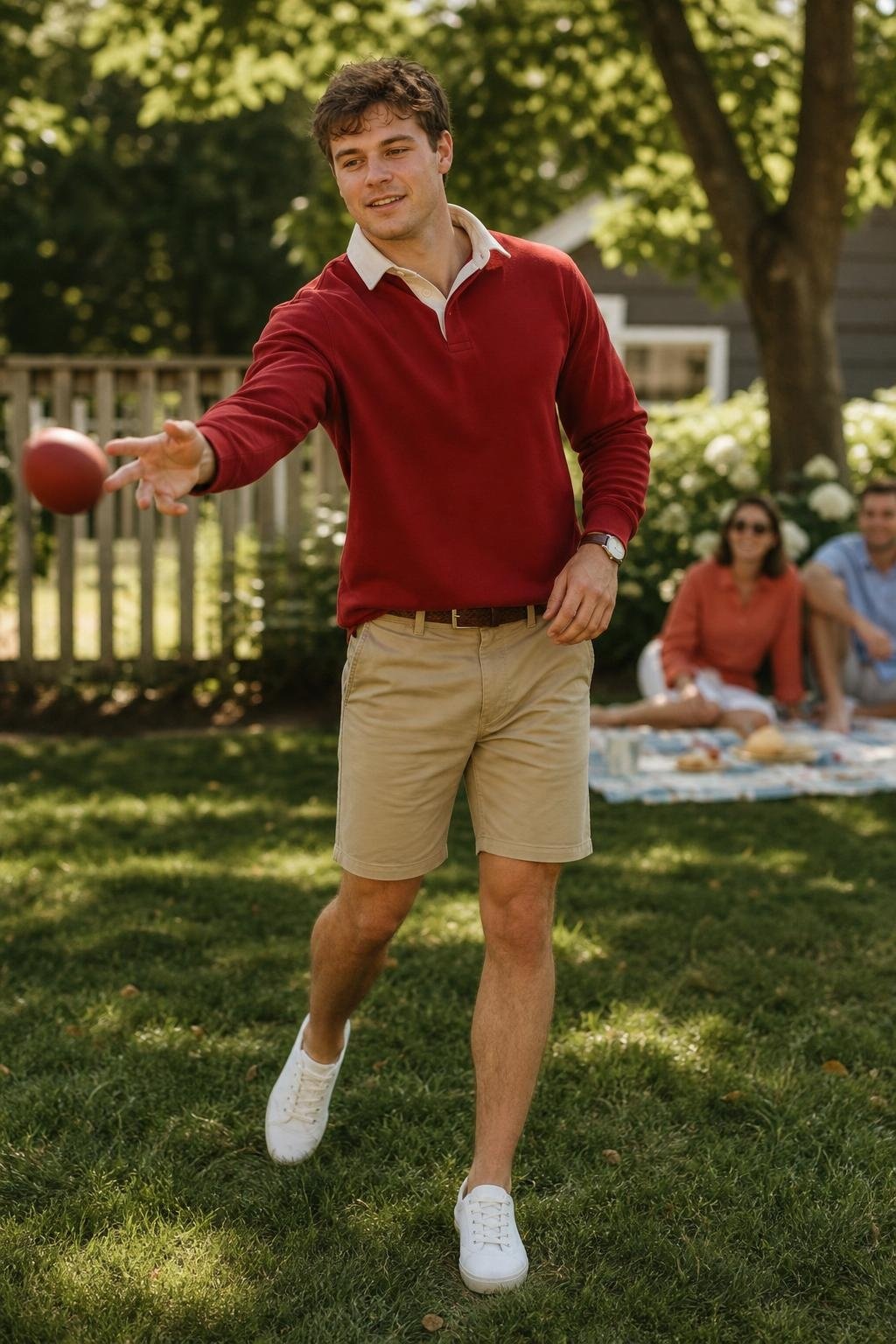 Deep red rugby shirt, khaki shorts, white canvas sneakers, playful backyard family photo (option 2)