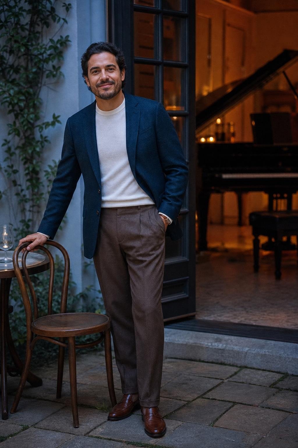 Deep teal blazer, ecru fine knit, brown wool trousers, chestnut loafers, intimate piano bar setting (option 2)