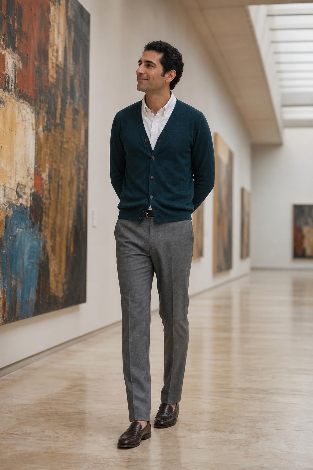 Deep teal cardigan, white Oxford shirt, gray trousers, dark loafers, relaxed museum date in airy galleries (option 2)