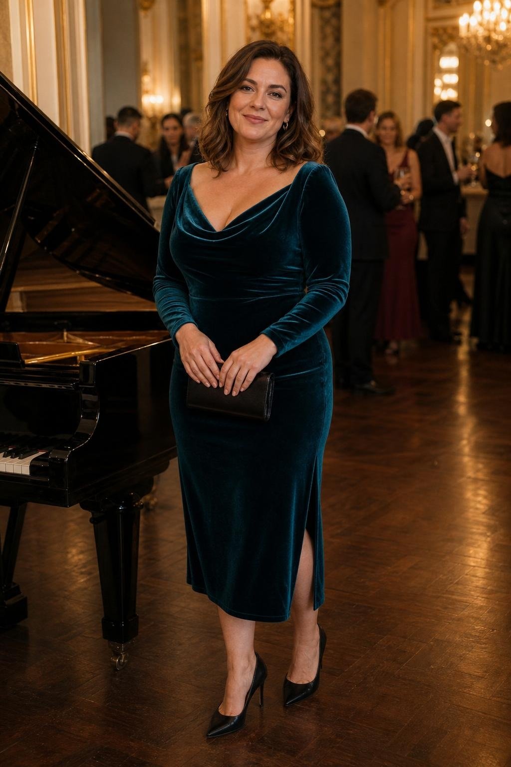 deep teal velvet midi dress with black heels at a winter ballroom wedding (option 2)