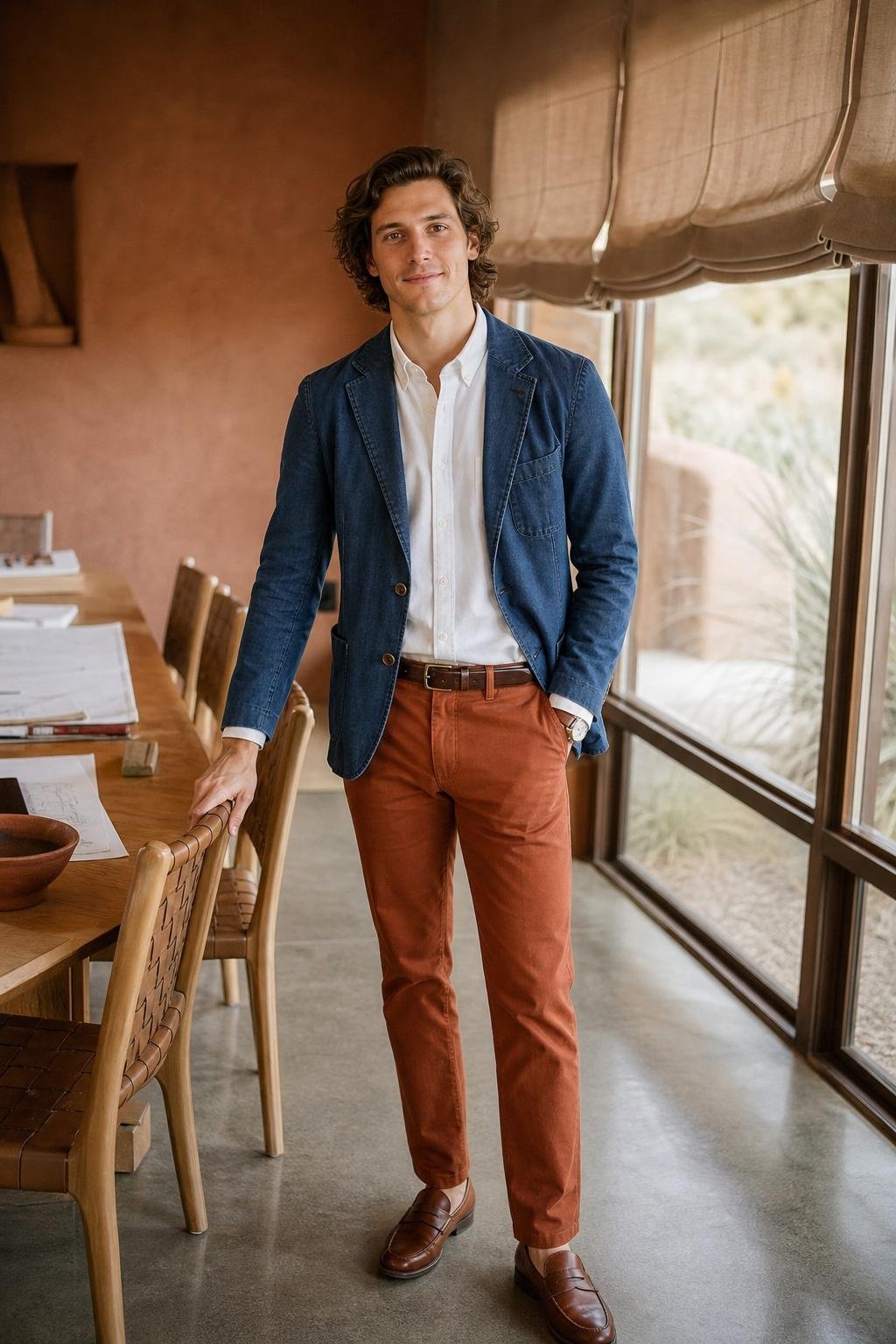 Denim blazer, terracotta chinos, white button-down, brown loafers in a creative meeting room (option 2)