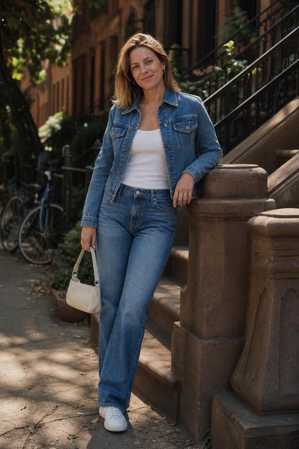 Denim jacket, matching straight jeans, white tank, tiny shoulder bag, casual street corner afternoon (option 2)