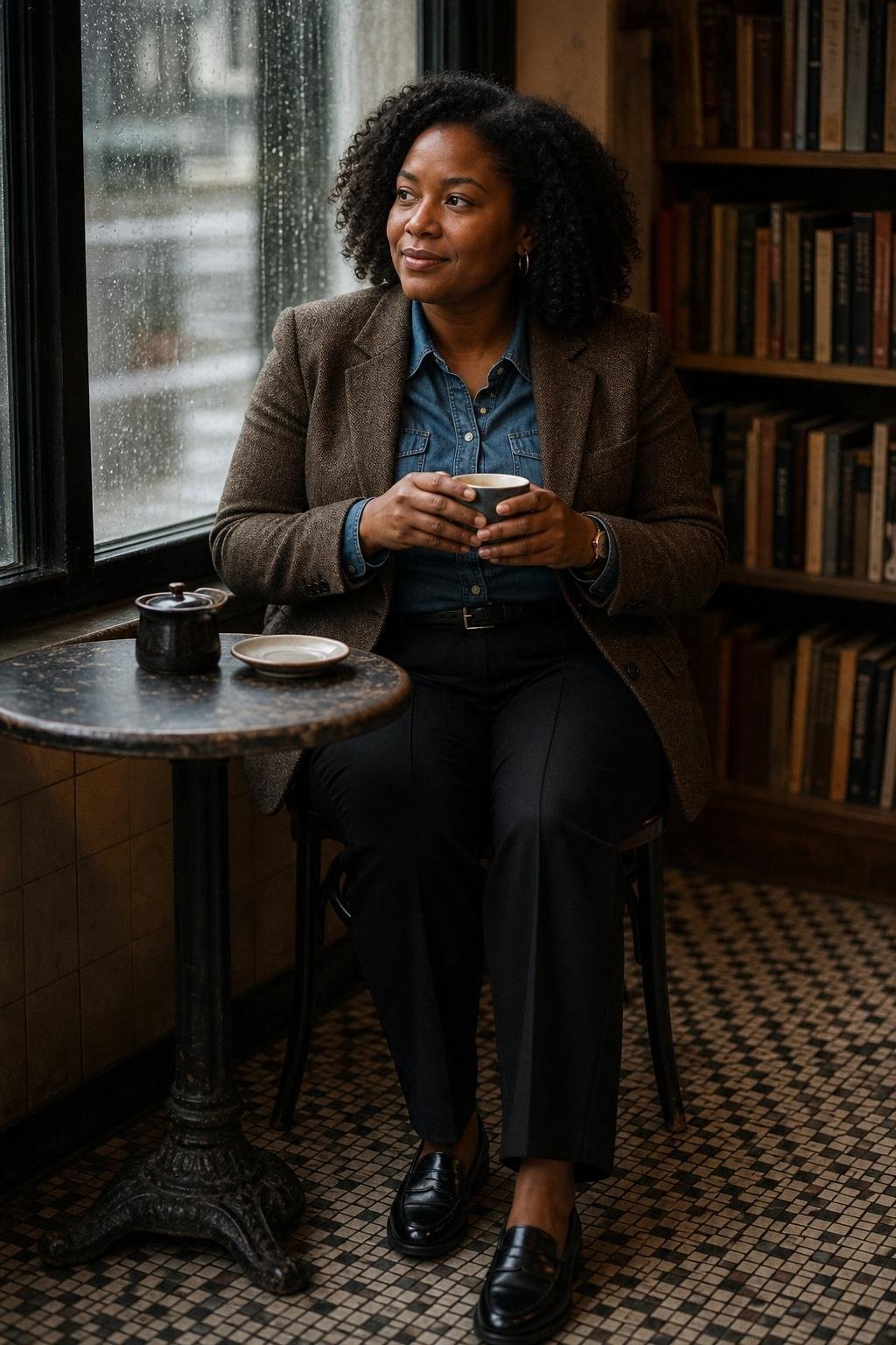 Denim shirt, brown tweed blazer, black trousers, loafers, neighborhood café with rain-streaked windows (option 1)