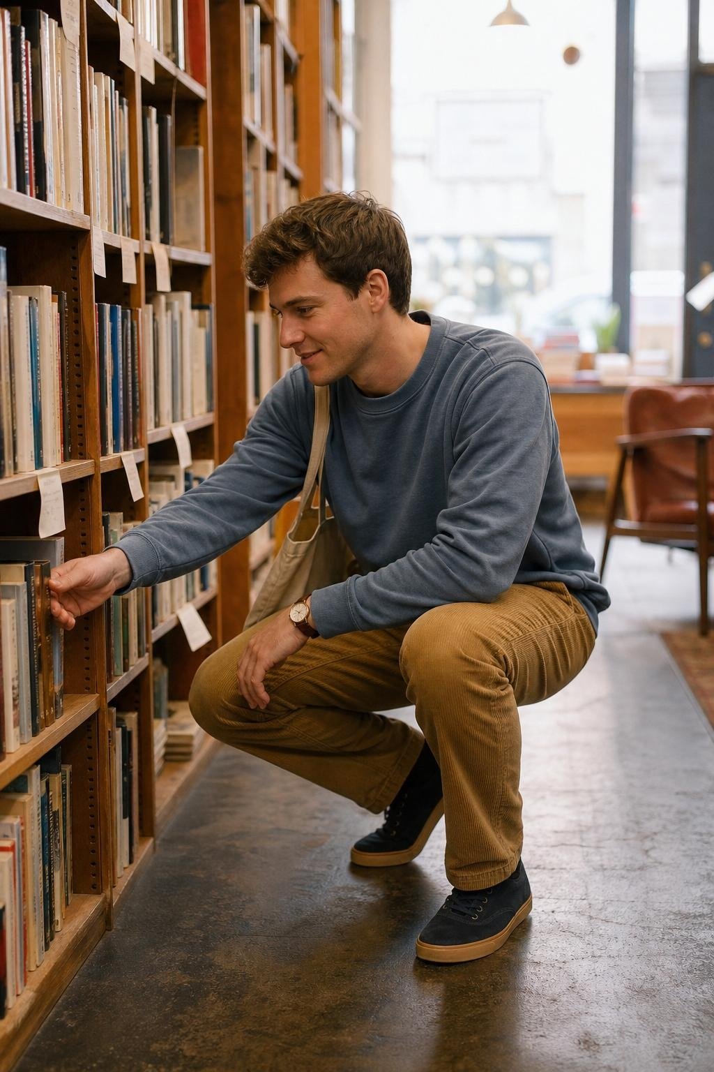 Dusty blue sweatshirt, tan corduroy pants, navy canvas sneakers, relaxed bookstore browsing afternoon (option 2)