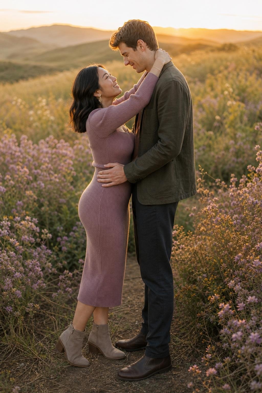 Dusty mauve knit midi dress with taupe boots in a wildflower field at sunset (option 2)