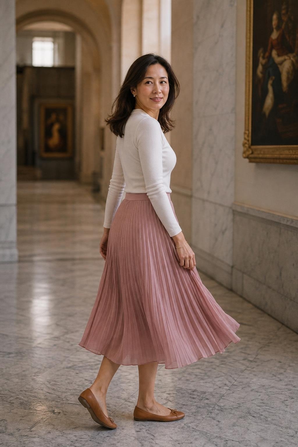 dusty pink pleated midi skirt, fitted white long-sleeve tee, tan flats, museum corridor mood (option 1)