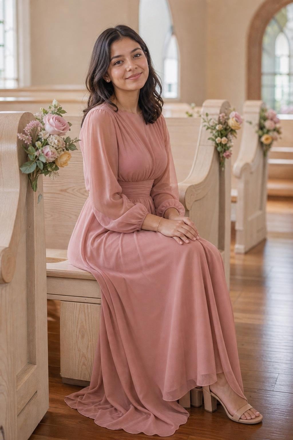 Dusty rose chiffon maxi dress with sheer sleeves, nude heels, soft spring chapel setting (option 1)