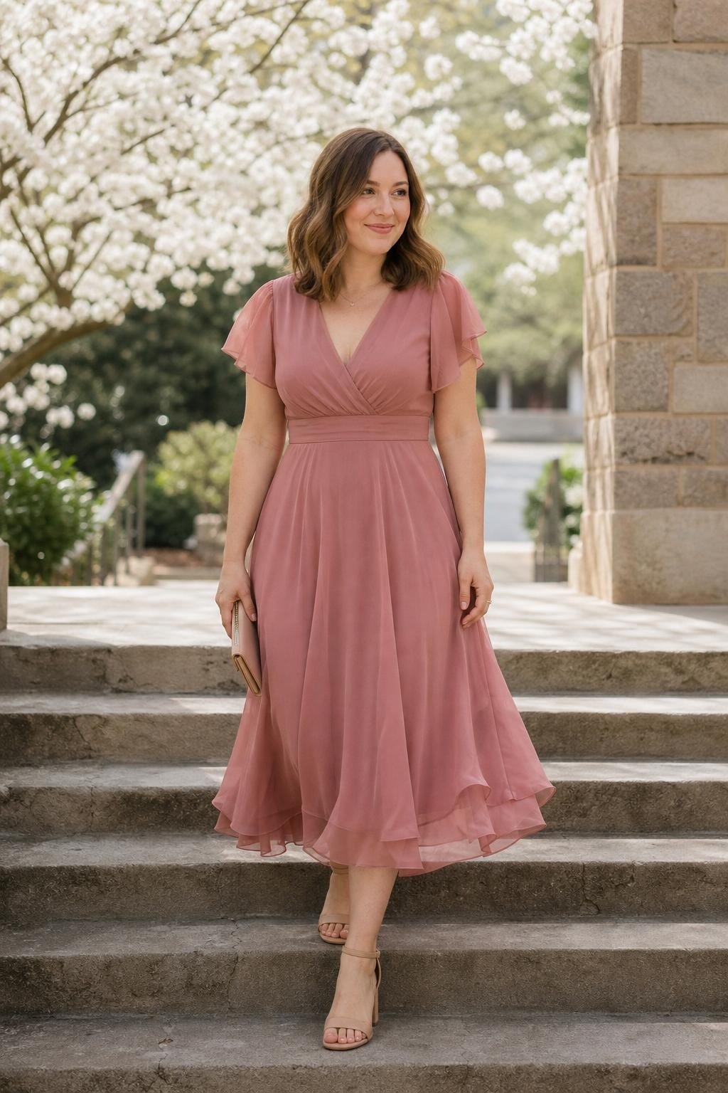 dusty rose chiffon midi dress with nude heels at a spring chapel wedding (option 1)