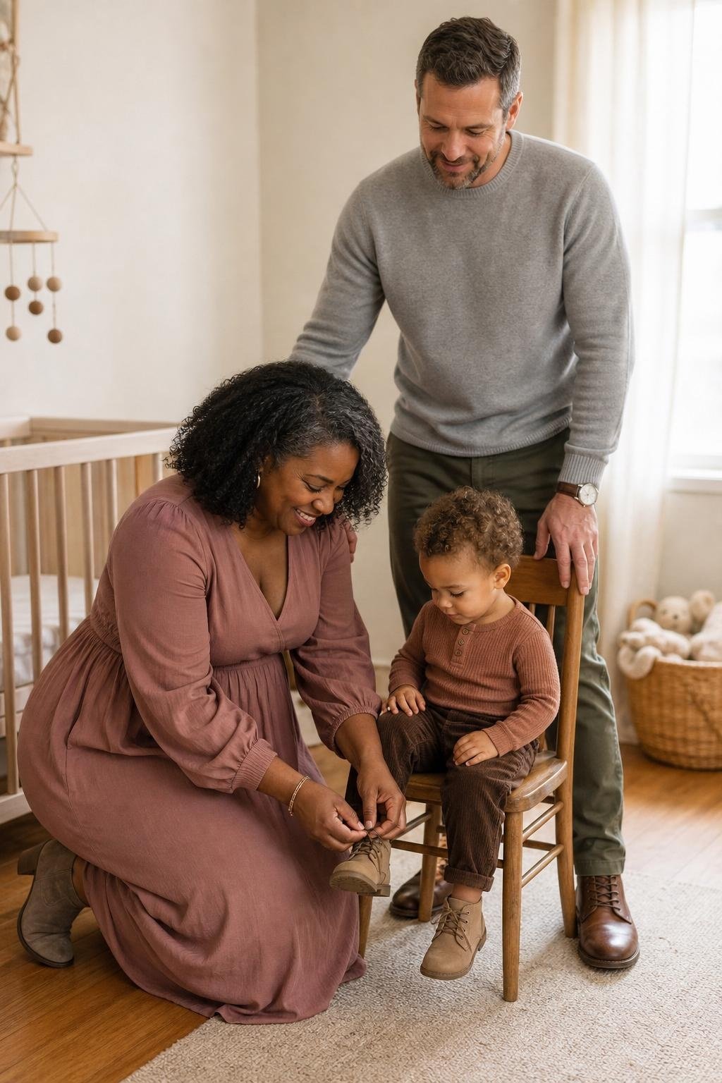 Dusty rose midi dress, soft gray crewneck sweater, cocoa corduroy pants, taupe boots in a quiet nursery corner (option 1)