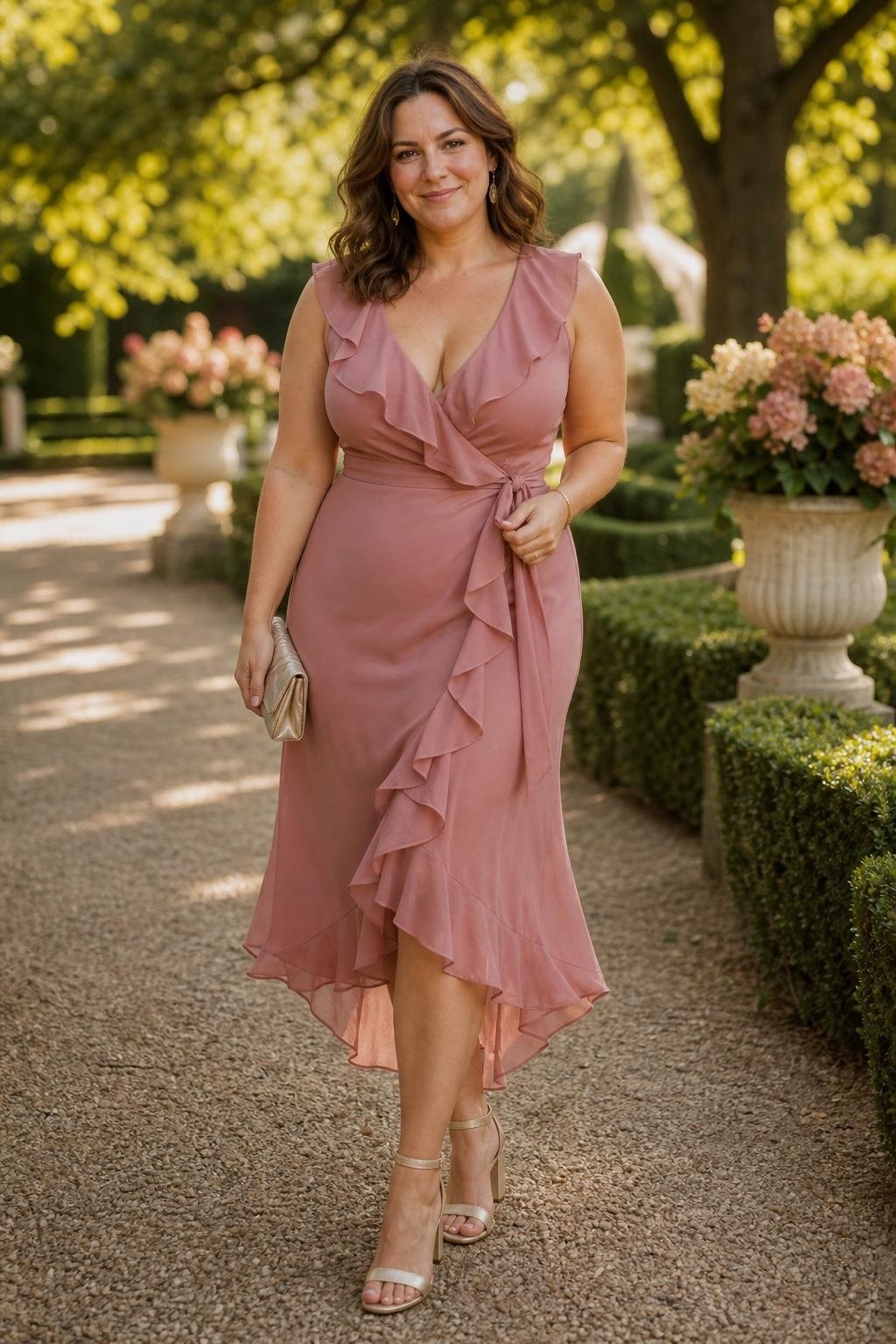 Dusty rose ruffled wrap dress with champagne sandals at an estate garden path (option 2)