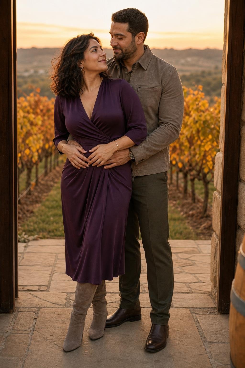 Eggplant midi dress, taupe suede boots, vineyard rows at sunset (option 2)