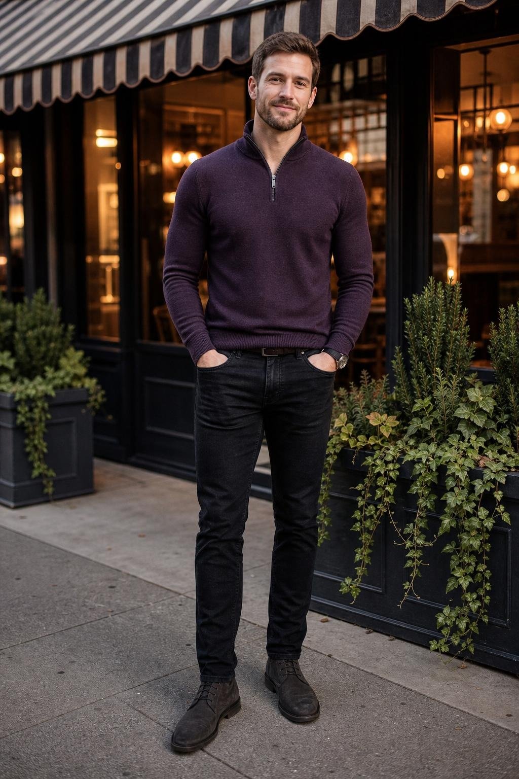 Eggplant quarter-zip sweater, black jeans, charcoal boots, cozy evening neighborhood restaurant scene (option 2)