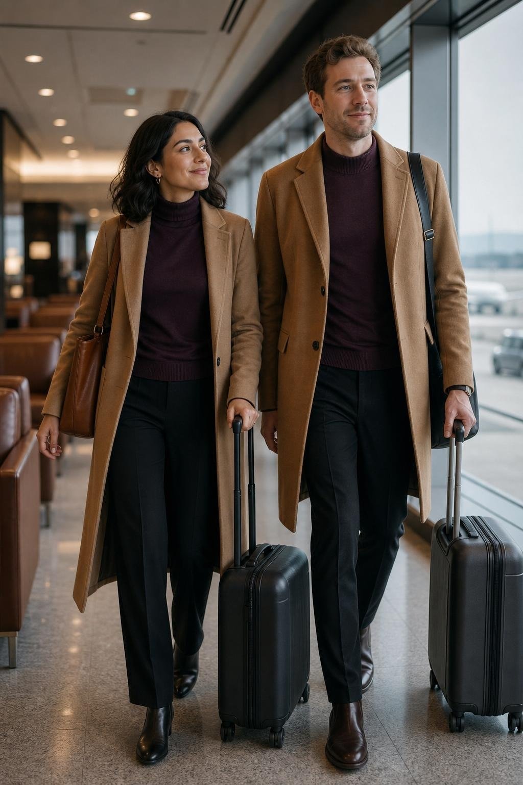 Eggplant turtleneck with camel wool coat, black trousers, leather tote, airport lounge travel mood (option 2)
