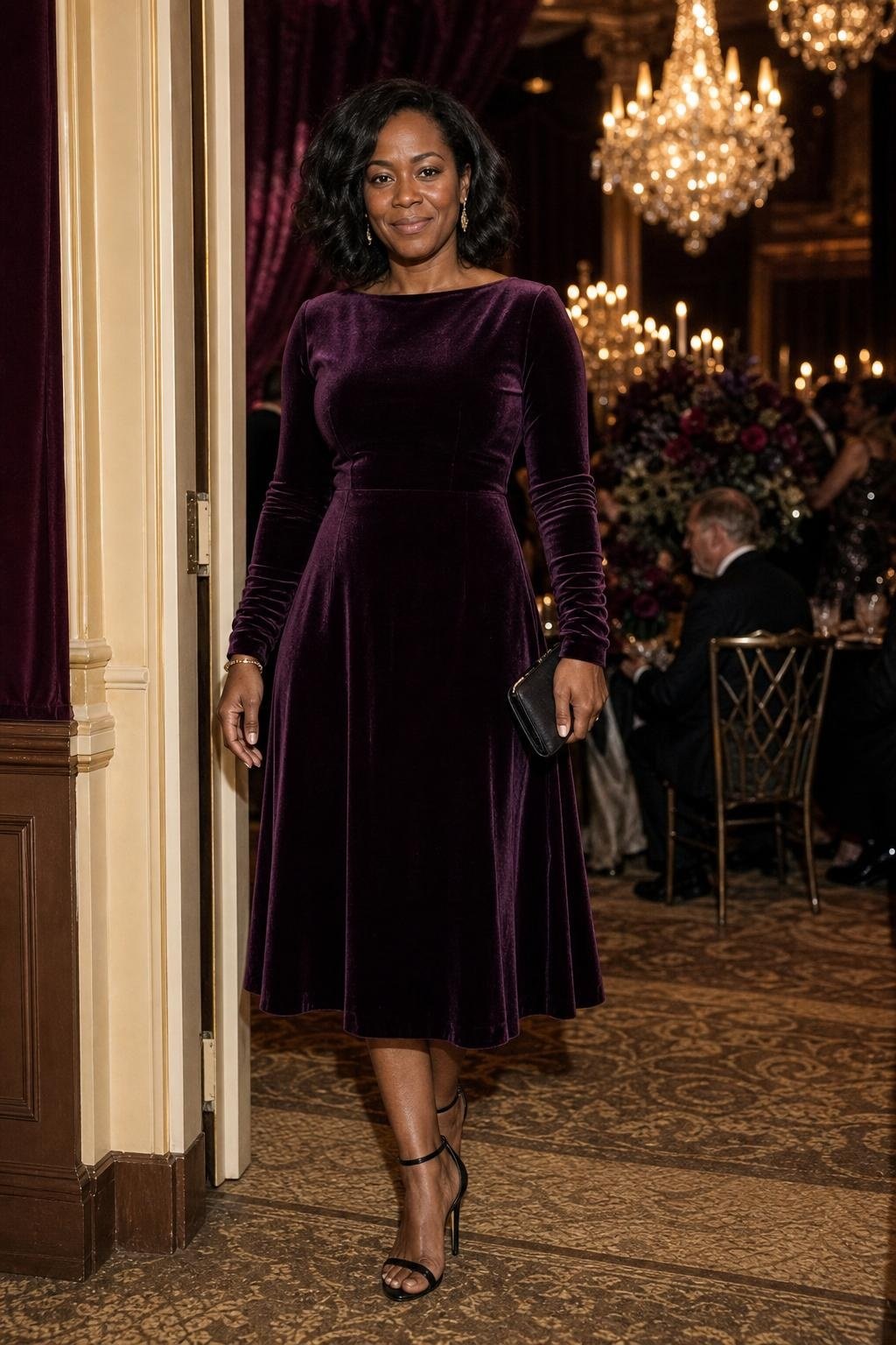 Eggplant velvet midi dress with long sleeves, black ankle-strap heels, formal winter ballroom wedding (option 1)