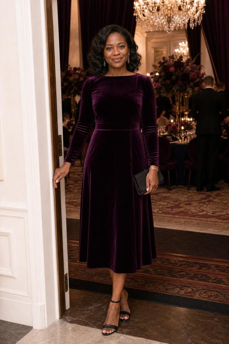 Eggplant velvet midi dress with long sleeves, black ankle-strap heels, formal winter ballroom wedding (option 2)