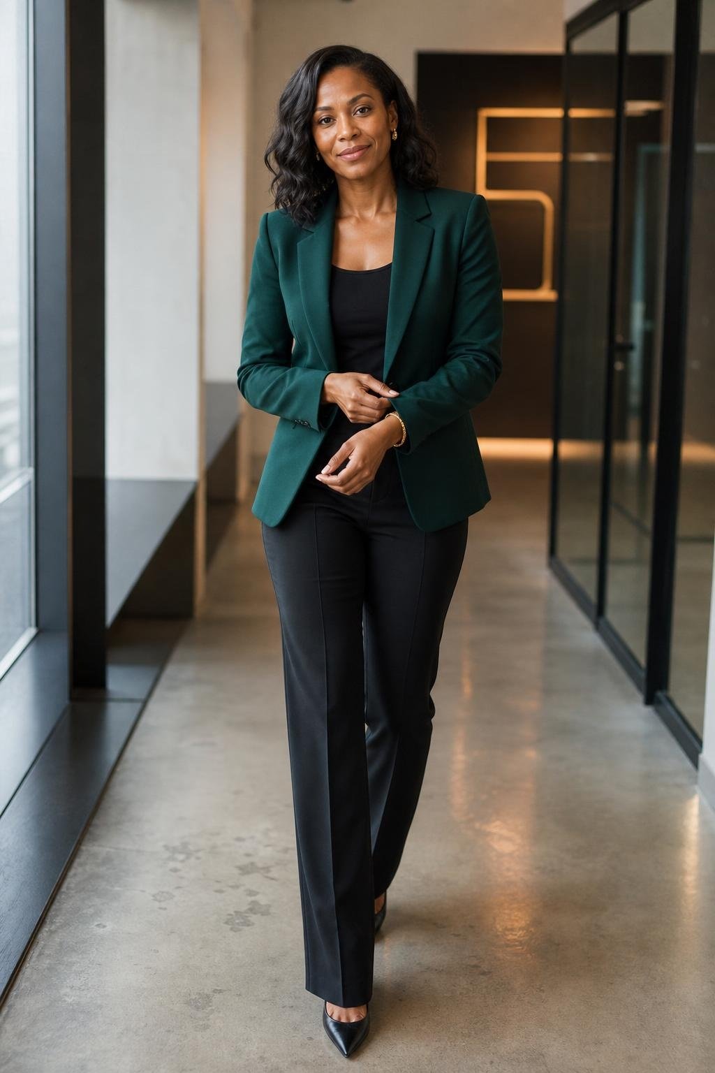 Emerald blazer, black sleeveless top, black straight trousers, gold earrings, downtown office hallway (option 2)
