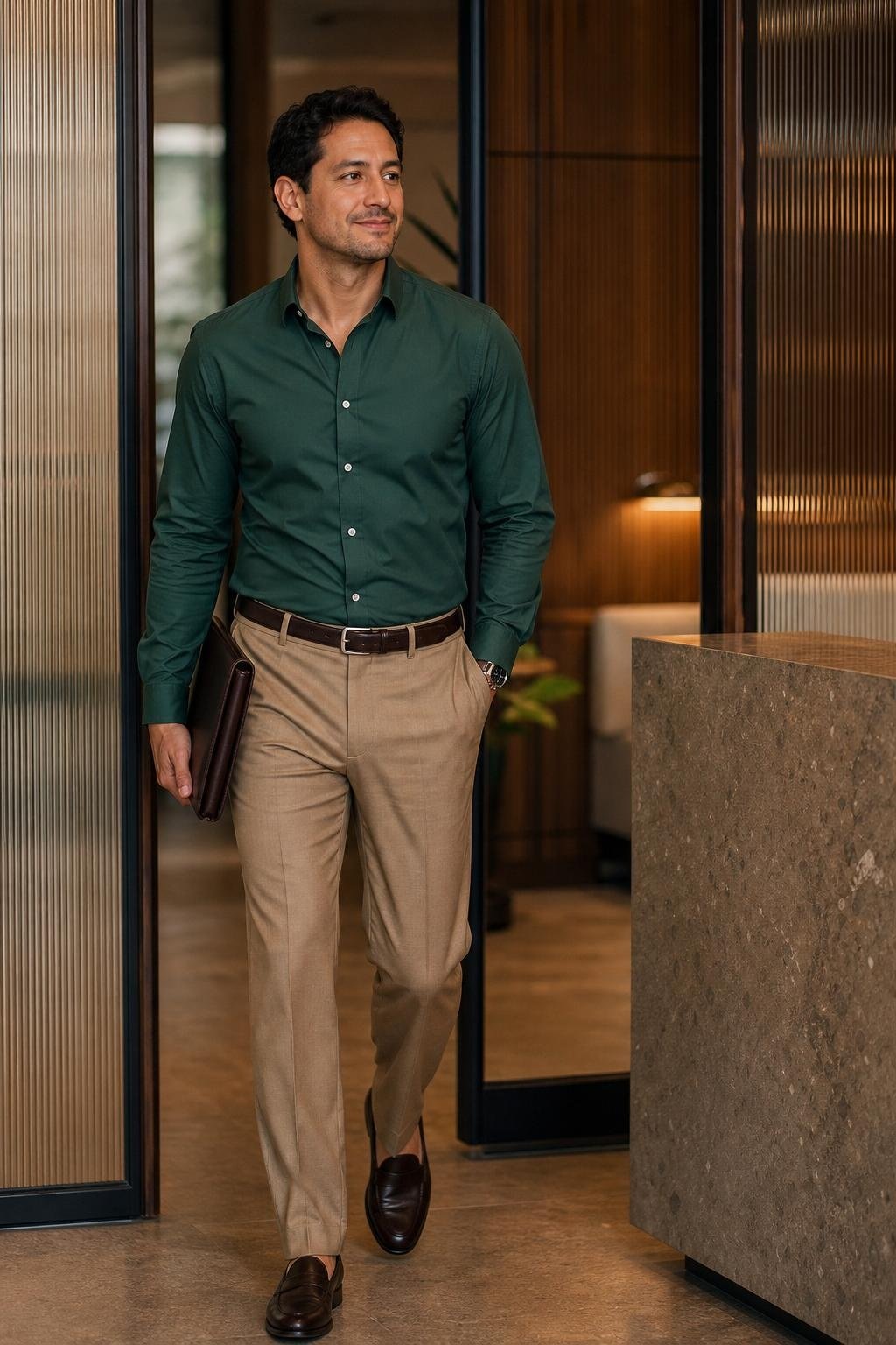 Emerald button-down shirt, tan tropical wool trousers, dark brown loafers, refined client office arrival (option 2)