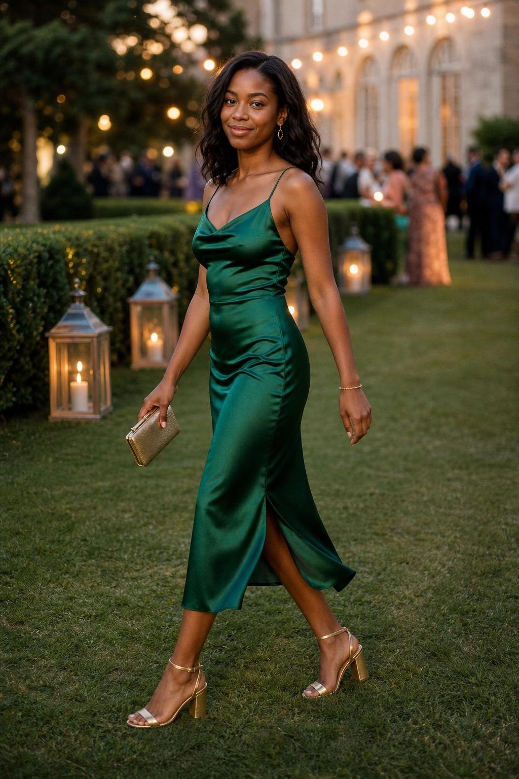 emerald green satin slip midi dress with gold block heels at an evening garden reception (option 2)