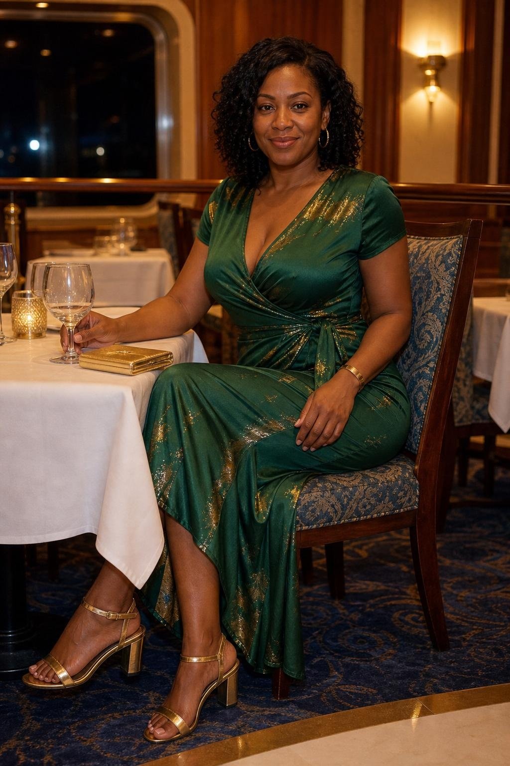 Emerald green wrap midi dress with metallic block heels in a softly lit cruise dining room (option 1)