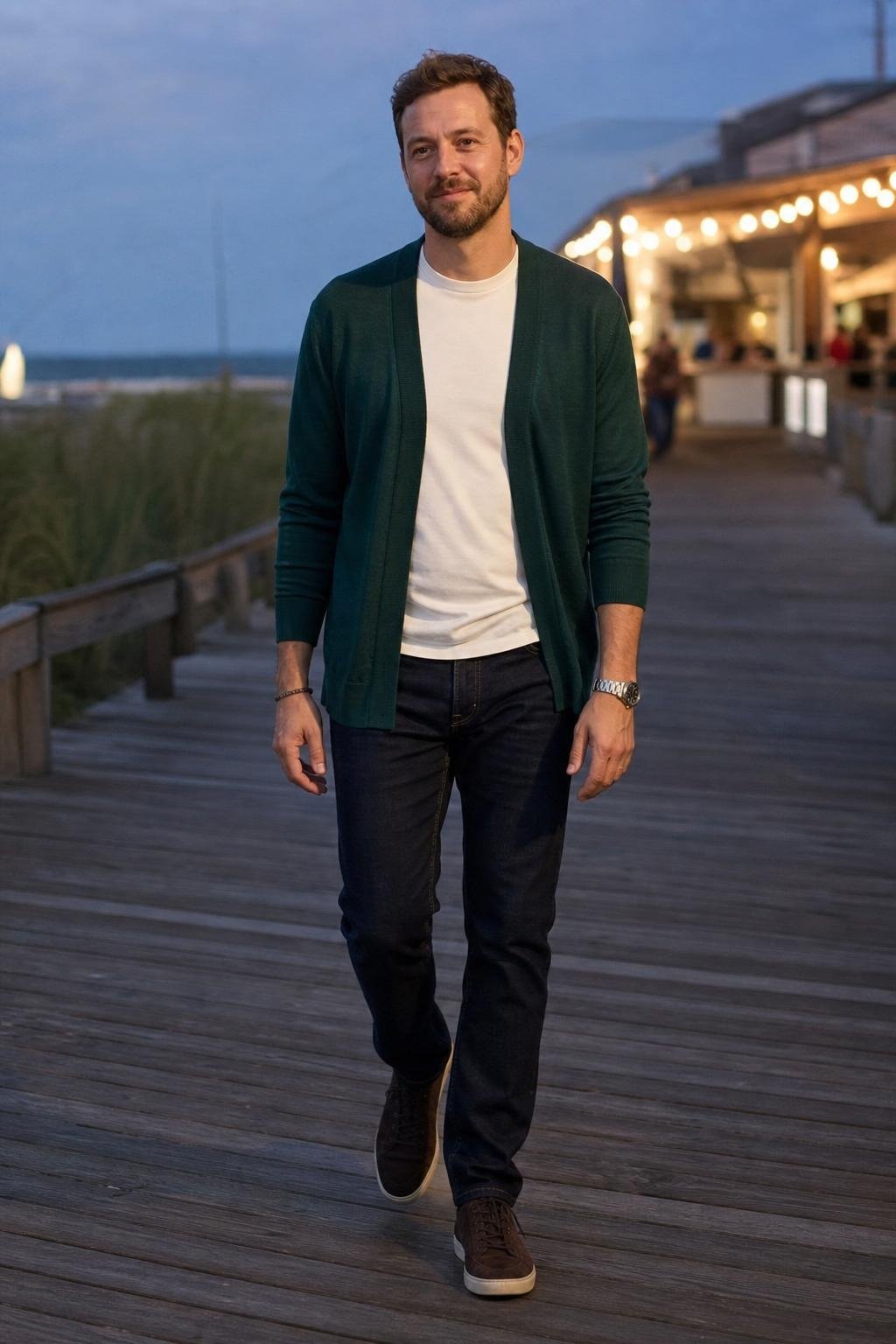 Emerald lightweight cardigan, white crewneck tee, dark denim jeans, cool evening boardwalk walk (option 2)