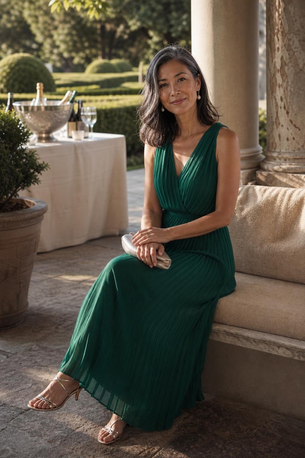 Emerald pleated chiffon maxi dress with pearl earrings on a shaded estate terrace (option 1)