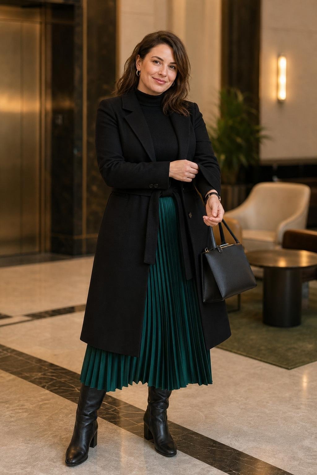 Emerald pleated midi skirt, black fitted turtleneck, black knee boots, wool coat, downtown office entrance (option 2)
