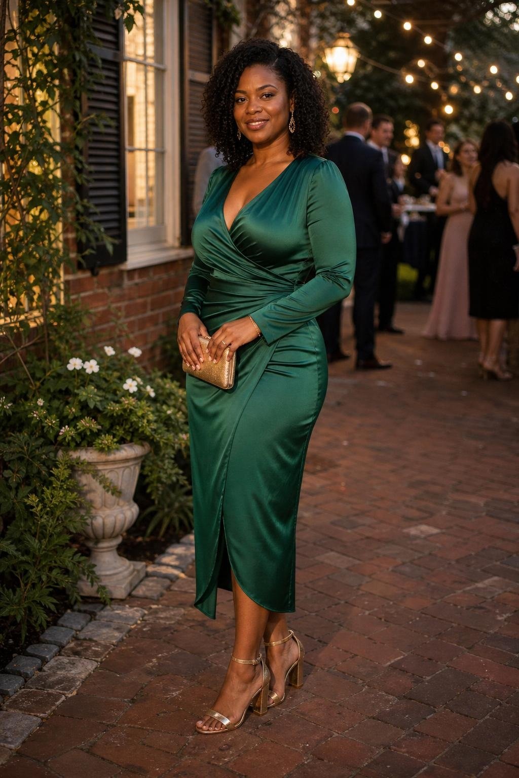 Emerald satin long-sleeve midi dress, gold block heels, evening garden reception glow (option 2)