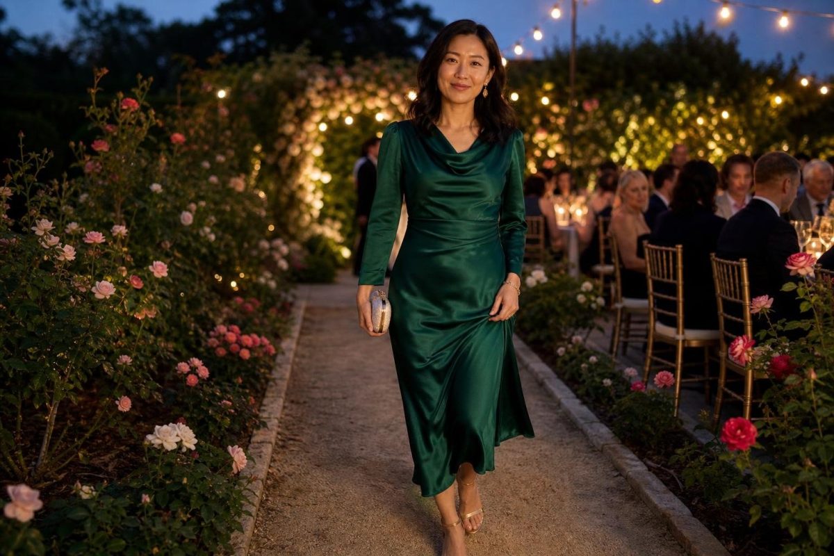 Emerald satin long-sleeve midi dress with gold sandals at an evening garden wedding (option 1)