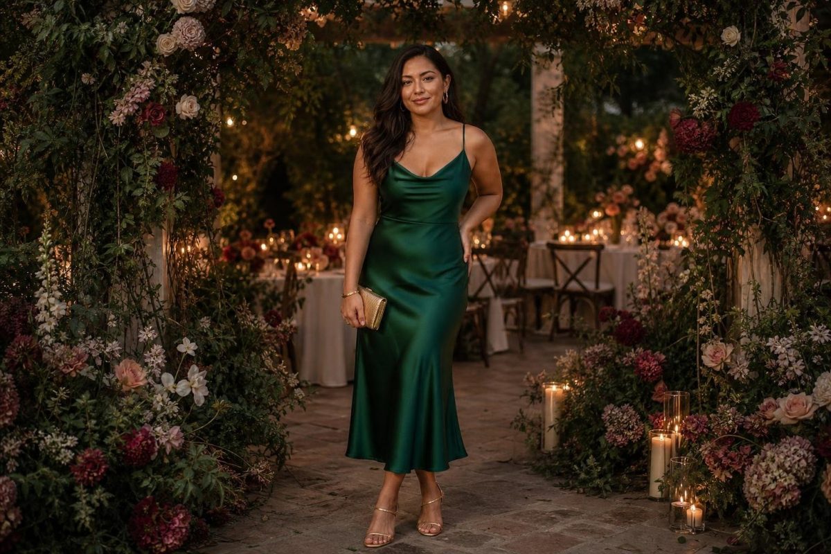 emerald satin midi dress with gold sandals at a candlelit garden wedding (option 1)