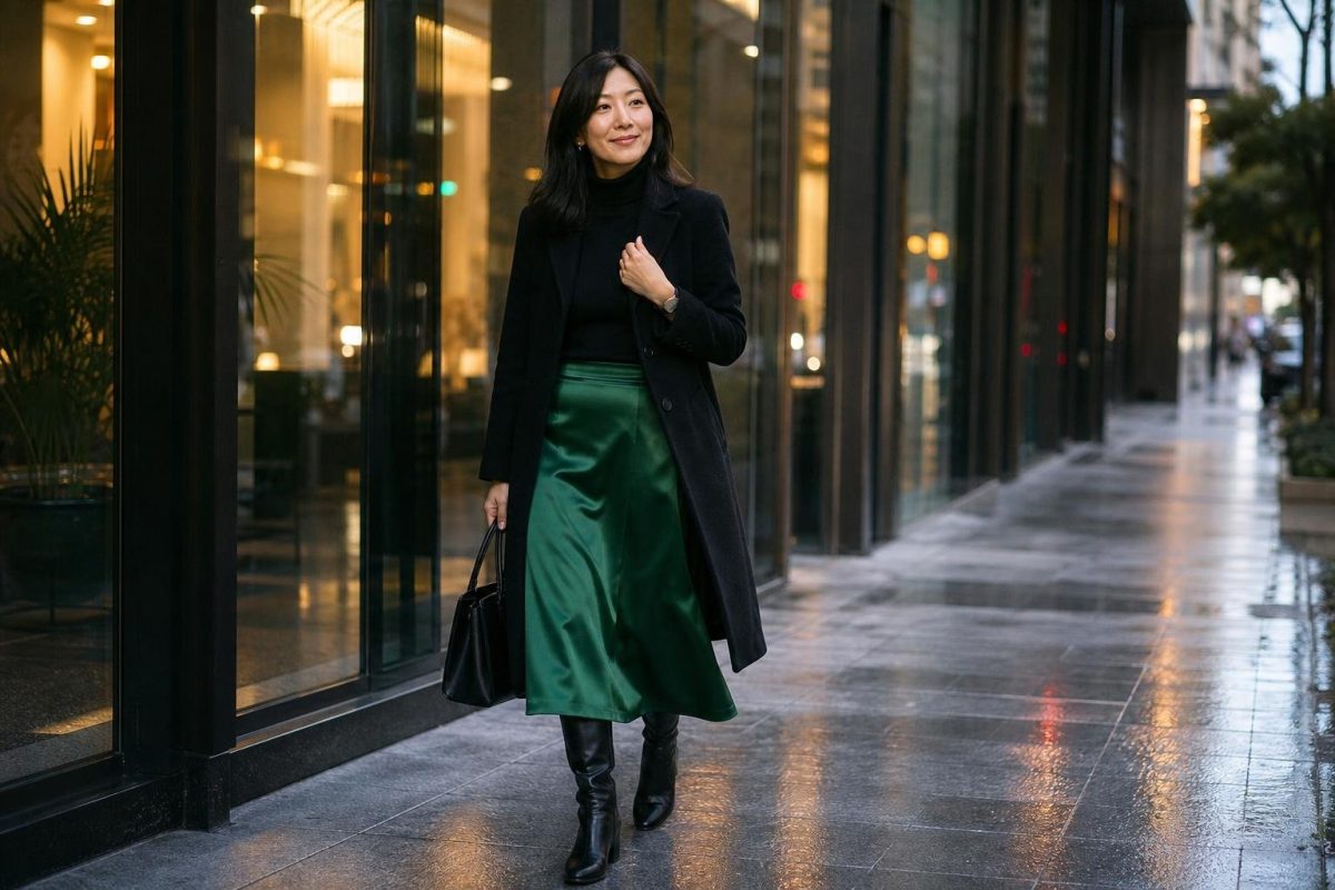 Emerald satin midi skirt, black turtleneck, knee boots, structured coat, city sidewalk after work (option 1)