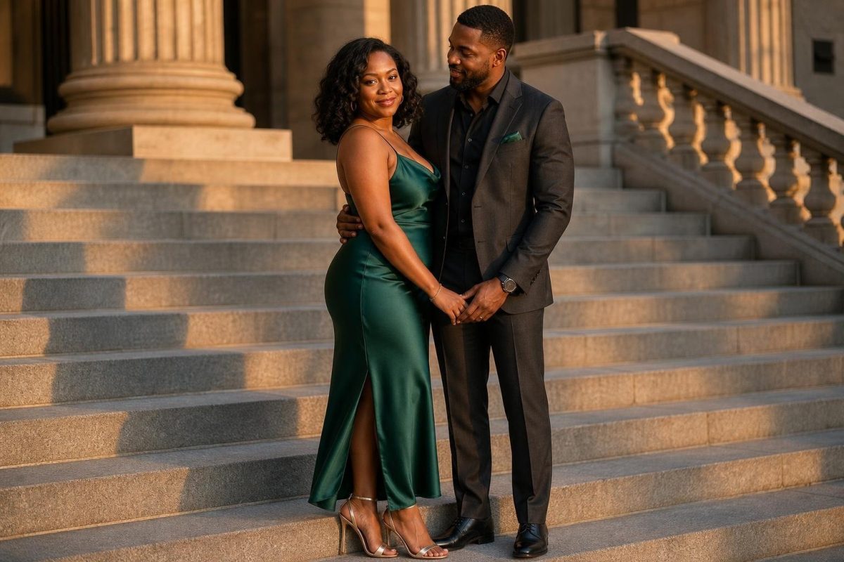 Emerald satin slip dress and charcoal wool suit on city steps at golden hour (option 1)