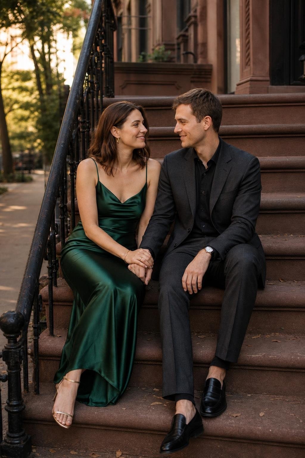Emerald satin slip dress with charcoal wool suit on stone city steps at golden hour (option 2)