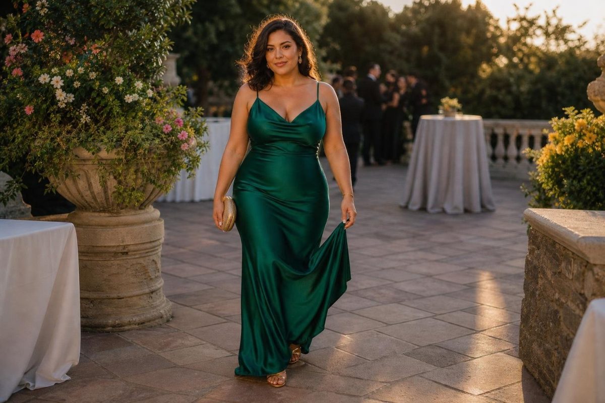 Emerald satin slip gown with gold sandals at a warm garden wedding terrace (option 1)