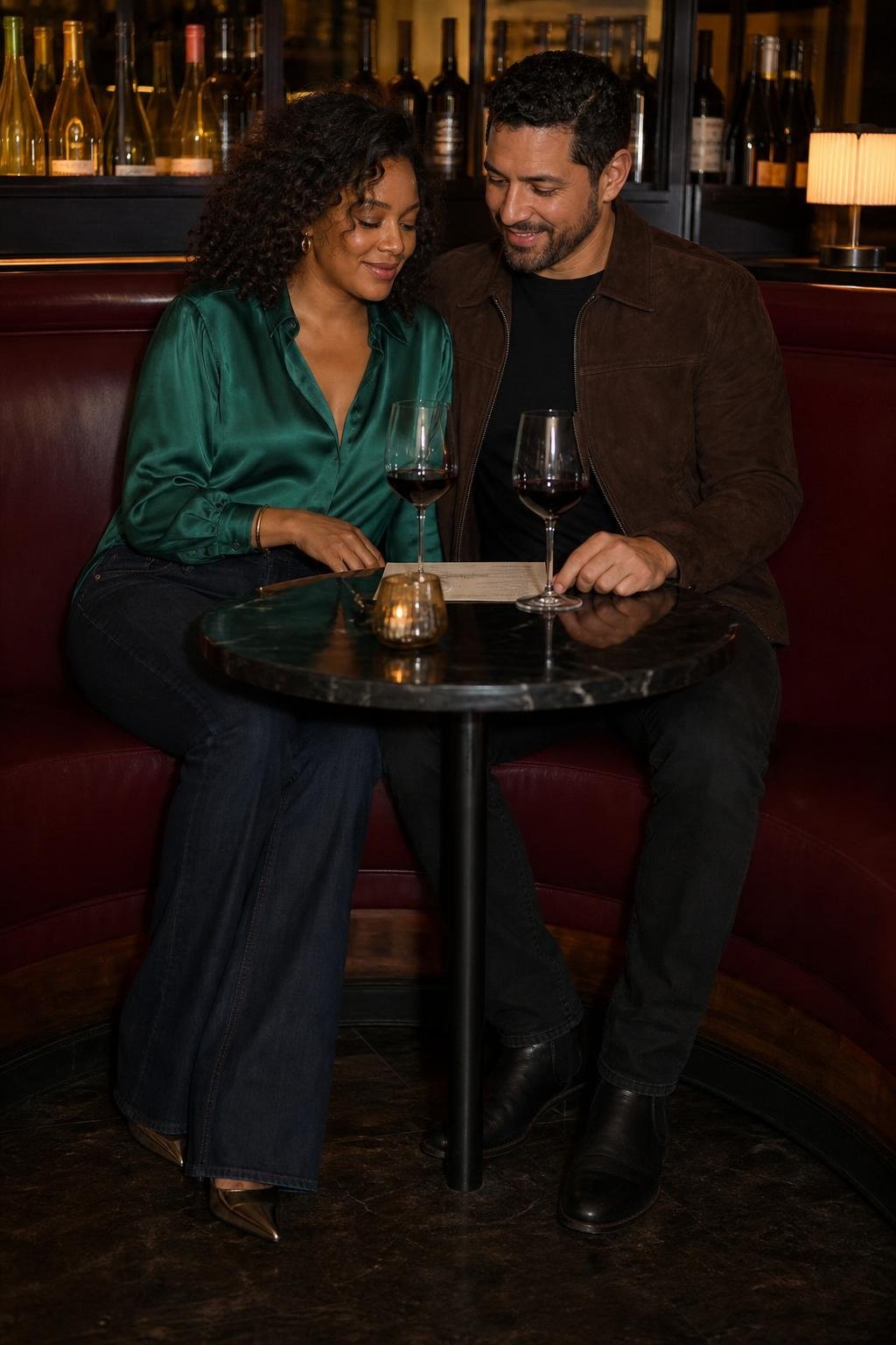 Emerald silk blouse, dark bootcut denim, metallic heels, intimate wine bar booth (option 2)