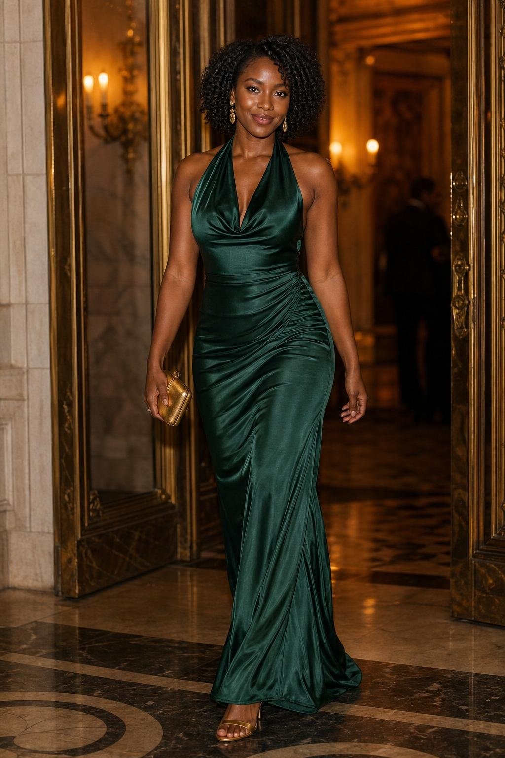 Emerald silk halter gown, gold strappy sandals, sculptural earrings, candlelit ballroom entrance (option 2)