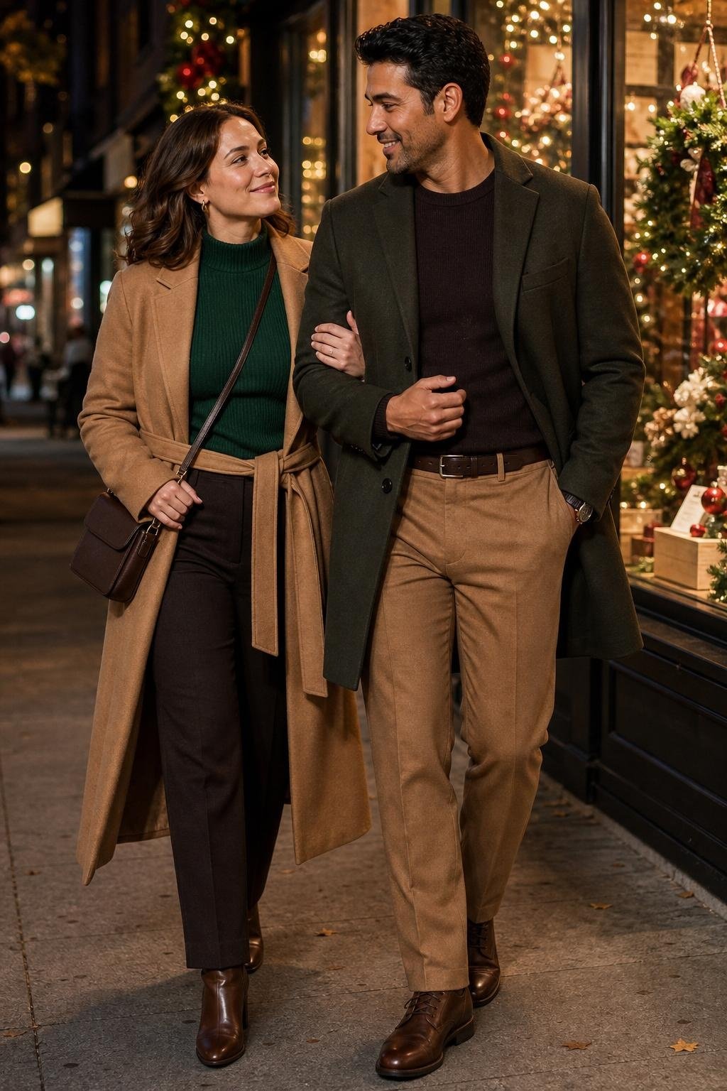 emerald sweater with camel wool coat, camel trousers, brown boots on a festive city sidewalk (option 1)