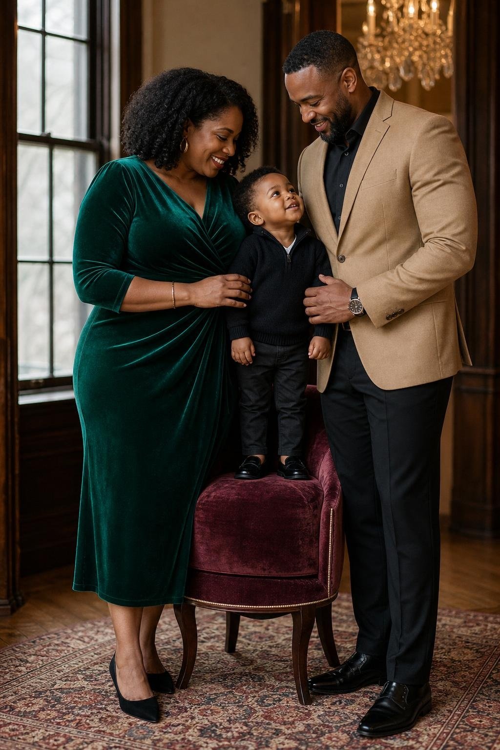 Emerald velvet dress, tan blazer, black trousers, pointed flats, elegant indoor family portrait (option 2)