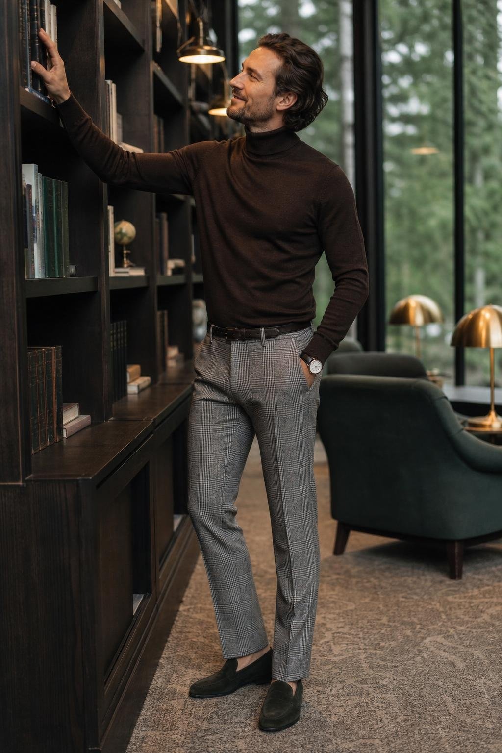 Espresso brown turtleneck, gray glen plaid trousers, dark green suede loafers, refined office library mood (option 2)