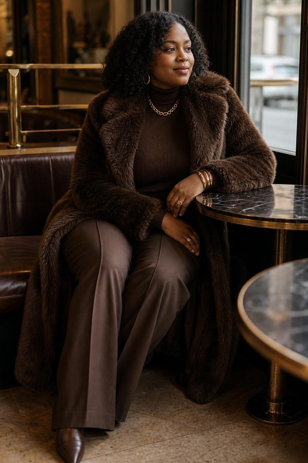 Espresso brown turtleneck, matching wide-leg trousers, brown faux fur coat, gold jewelry, upscale café (option 1)